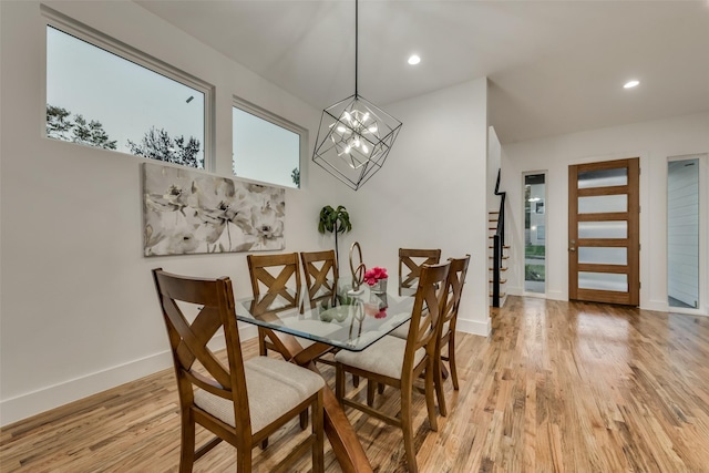 1403 Pueblo St, Dallas, TX 75212 - dining area featuring light wood-type flooring, stairway, a chandelier, and recessed lighting