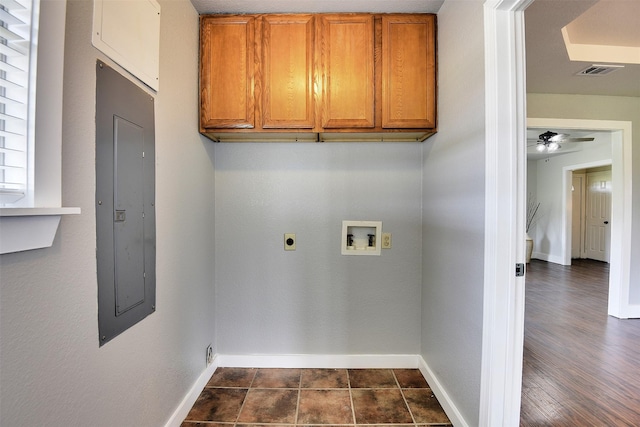 351 Marion Rd, Venus, TX 76084 - laundry room featuring washer hookup, electric panel, cabinet space, electric dryer hookup, and a ceiling fan