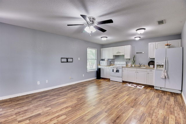 351 Marion Rd, Venus, TX 76084 - kitchen with white appliances, light countertops, light wood-style floors, under cabinet range hood, and a textured ceiling