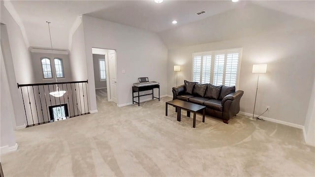 1320 Ponca St, Carrollton, TX 75010 - living area with vaulted ceiling and carpet flooring