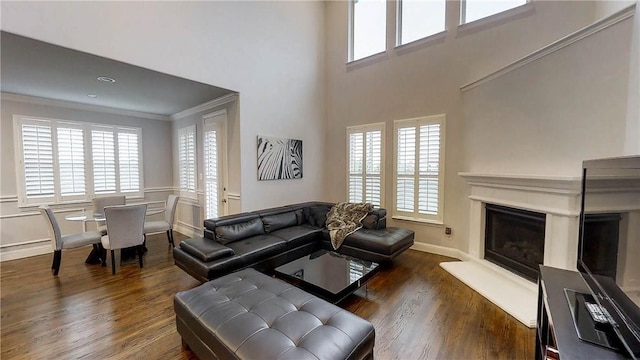 1320 Ponca St, Carrollton, TX 75010 - living room with dark wood-style flooring, ornamental molding, a glass covered fireplace, and a towering ceiling