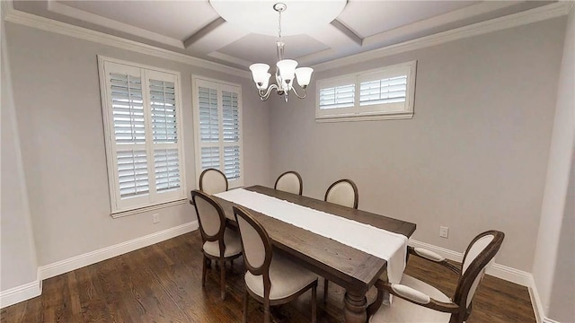 1320 Ponca St, Carrollton, TX 75010 - dining area featuring a chandelier, coffered ceiling, dark wood-style flooring, and crown molding