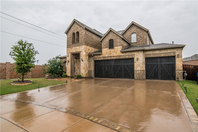 1320 Ponca St, Carrollton, TX 75010 - french country inspired facade with concrete driveway, an attached garage, and stone siding
