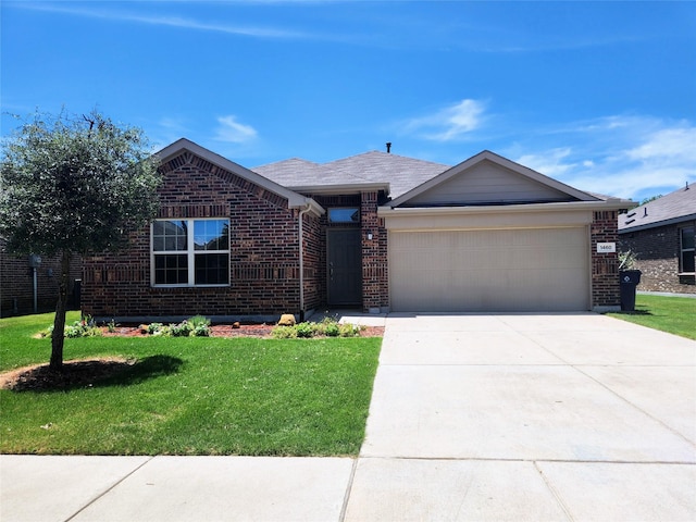 1460 Acmite Ave, Cross Roads, TX 76227 - single story home with brick siding, an attached garage, a front lawn, and concrete driveway