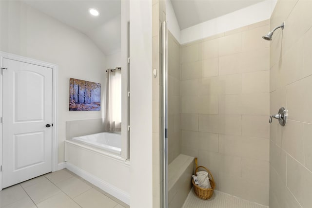 3014 Preston Club Dr, Sherman, TX 75092 - bathroom with a shower stall, tile patterned flooring, vaulted ceiling, a garden tub, and recessed lighting