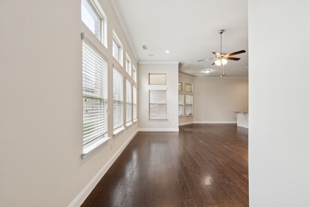913 Parkside Dr, Argyle, TX 76226 - unfurnished living room with a ceiling fan, dark wood finished floors, ornamental molding, and recessed lighting