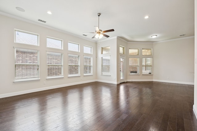 913 Parkside Dr, Argyle, TX 76226 - unfurnished living room with a ceiling fan, ornamental molding, dark wood-style floors, and recessed lighting