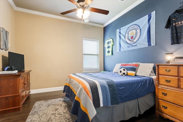 2213 Therese Dr, Waco, TX 76712 - bedroom featuring ornamental molding, dark wood-type flooring, and ceiling fan