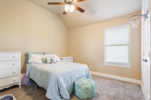 2213 Therese Dr, Waco, TX 76712 - bedroom featuring carpet floors, vaulted ceiling, and ceiling fan