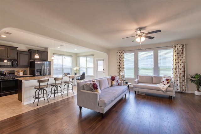 1109 Spanish Needle Trl, Fort Worth, TX 76177 - living room featuring ceiling fan, dark wood-style floors, and recessed lighting