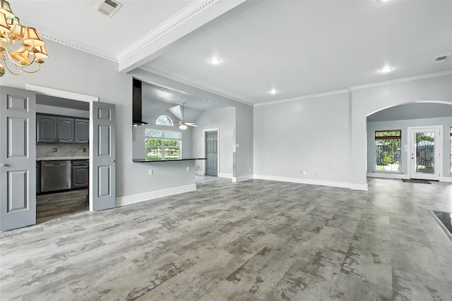 8301 Concord Dr, Rowlett, TX 75089 - unfurnished living room featuring a chandelier, ornamental molding, arched walkways, a ceiling fan, and recessed lighting