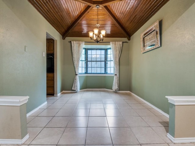 713 Bordner Dr, Lancaster, TX 75146 - unfurnished dining area with wooden ceiling, a chandelier, light tile patterned floors, a textured wall, and vaulted ceiling