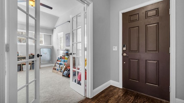 3513 Holly Rd, Melissa, TX 75454 - entrance foyer with french doors, lofted ceiling, dark carpet, and a ceiling fan