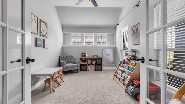 3513 Holly Rd, Melissa, TX 75454 - recreation room with carpet flooring, ceiling fan, and lofted ceiling