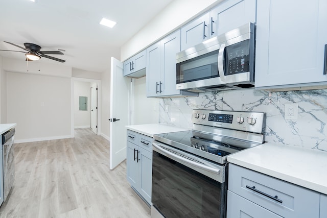 3733 Magnolia Dr, Grand Prairie, TX 75052 - kitchen with appliances with stainless steel finishes, ceiling fan, light countertops, and tasteful backsplash