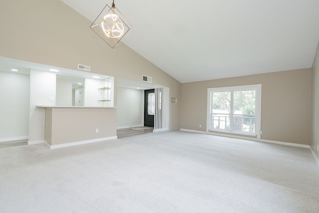3733 Magnolia Dr, Grand Prairie, TX 75052 - unfurnished living room with high vaulted ceiling and light colored carpet