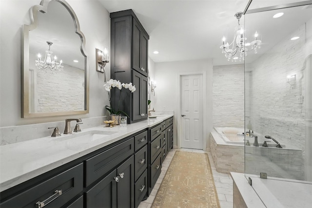 208 Rockwood Park Dr, Fort Worth, TX 76107 - full bathroom featuring a chandelier, double vanity, a bath, recessed lighting, and tile patterned floors