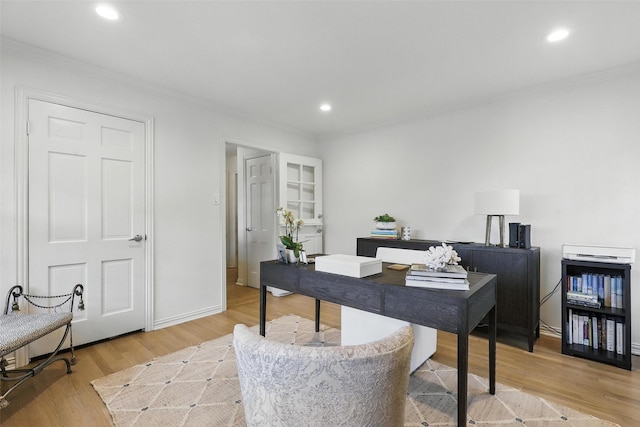 208 Rockwood Park Dr, Fort Worth, TX 76107 - home office featuring crown molding, recessed lighting, and light wood-style floors