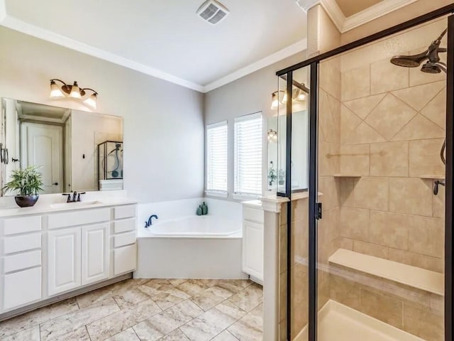 301 Komron Ct, Prosper, TX 75078 - bathroom featuring vanity, a garden tub, a stall shower, ornamental molding, and marble look tile flooring