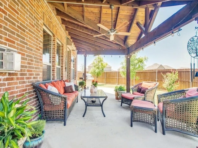 301 Komron Ct, Prosper, TX 75078 - fenced backyard featuring outdoor lounge area, ceiling fan, and a patio