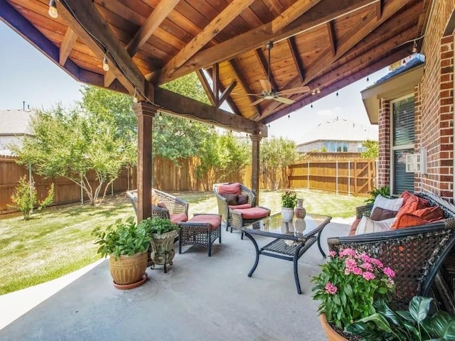 301 Komron Ct, Prosper, TX 75078 - fenced backyard featuring an outdoor hangout area, a patio, ceiling fan, and cooling unit