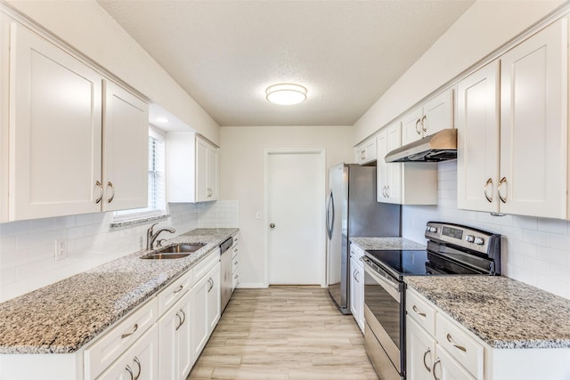 1704 Edge Hill Rd, Benbrook, TX 76126 - kitchen with appliances with stainless steel finishes, under cabinet range hood, white cabinetry, decorative backsplash, and a textured ceiling