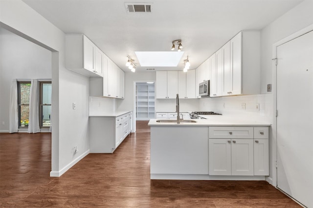 1513 Elk Grove Dr, Richardson, TX 75081 - kitchen featuring a skylight, stainless steel microwave, a peninsula, and white cabinetry