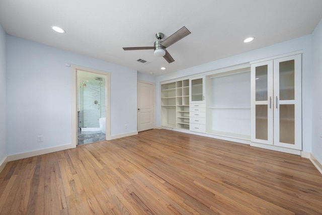5710 Forest Ln, Dallas, TX 75230 - unfurnished bedroom featuring light wood-type flooring, recessed lighting, ensuite bath, and ceiling fan