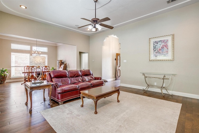 107 Sundance Ct, Hudson Oaks, TX 76087 - living area featuring a chandelier, a ceiling fan, dark wood-type flooring, and recessed lighting