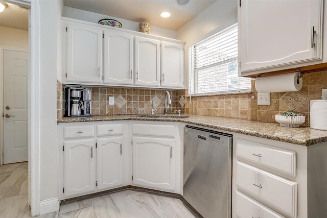 107 Sundance Ct, Hudson Oaks, TX 76087 - kitchen featuring dishwasher, white cabinetry, light marble finish flooring, backsplash, and recessed lighting