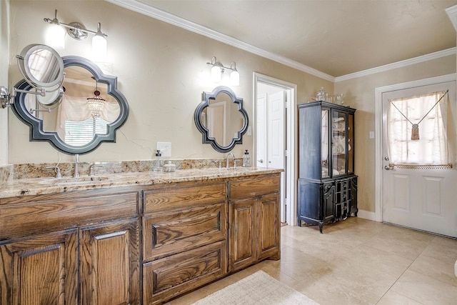 107 Sundance Ct, Hudson Oaks, TX 76087 - full bath featuring double vanity, crown molding, and tile patterned floors