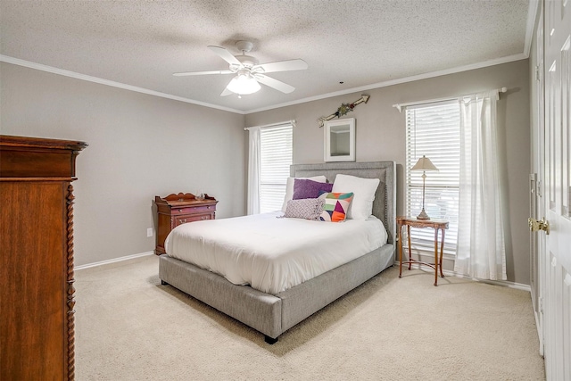 107 Sundance Ct, Hudson Oaks, TX 76087 - bedroom featuring light carpet, a textured ceiling, crown molding, and ceiling fan
