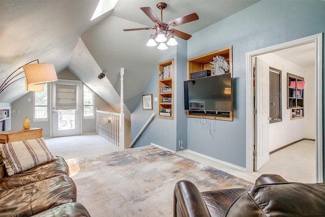 107 Sundance Ct, Hudson Oaks, TX 76087 - carpeted living area featuring vaulted ceiling and ceiling fan