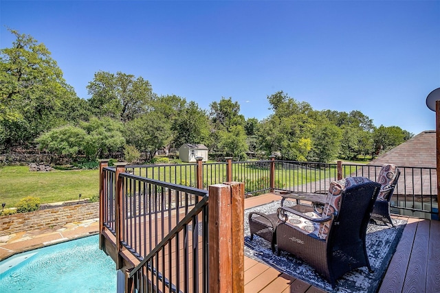 107 Sundance Ct, Hudson Oaks, TX 76087 - wooden terrace featuring a storage shed, a lawn, and view of scattered trees