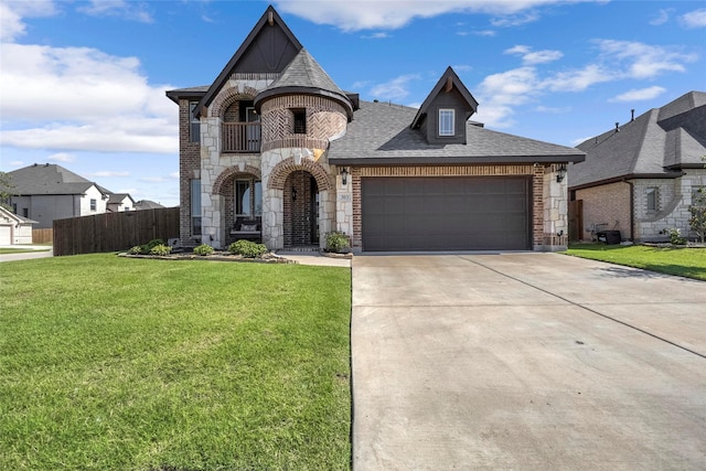 303 Hidden Cove Dr, Ponder, TX 76259 - french country style house with a balcony, an attached garage, brick siding, concrete driveway, and roof with shingles