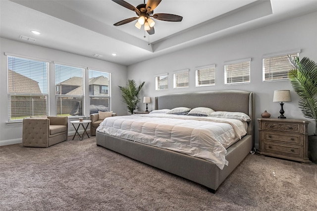 303 Hidden Cove Dr, Ponder, TX 76259 - carpeted bedroom featuring a tray ceiling, recessed lighting, and ceiling fan