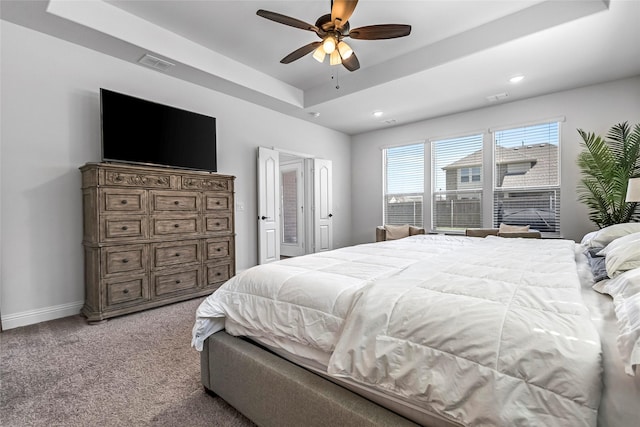 303 Hidden Cove Dr, Ponder, TX 76259 - bedroom featuring carpet floors, recessed lighting, a raised ceiling, and a ceiling fan