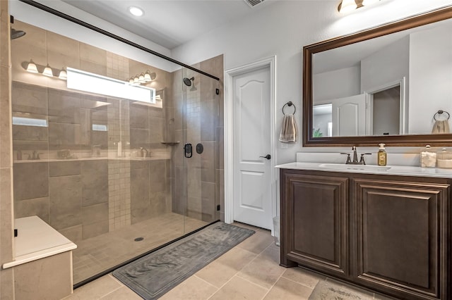 303 Hidden Cove Dr, Ponder, TX 76259 - bathroom with a shower stall, vanity, and tile patterned floors