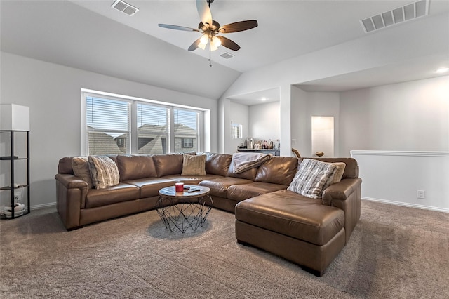303 Hidden Cove Dr, Ponder, TX 76259 - living area with carpet, lofted ceiling, and a ceiling fan