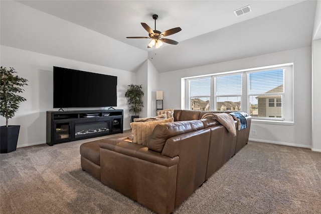 303 Hidden Cove Dr, Ponder, TX 76259 - living room with carpet flooring, ceiling fan, and lofted ceiling