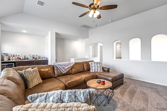 303 Hidden Cove Dr, Ponder, TX 76259 - living room featuring a bar, ceiling fan, carpet floors, lofted ceiling, and beverage cooler