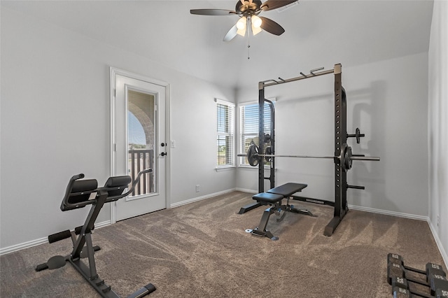 303 Hidden Cove Dr, Ponder, TX 76259 - exercise area featuring carpet flooring and a ceiling fan