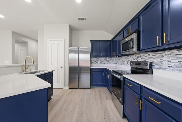 1909 Morning Dove, Aubrey, TX 76227 - kitchen with stainless steel appliances, blue cabinets, decorative backsplash, light wood-type flooring, and light countertops