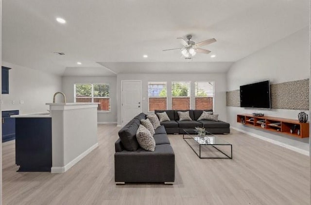 1909 Morning Dove, Aubrey, TX 76227 - living room featuring light wood-type flooring, ceiling fan, lofted ceiling, and recessed lighting