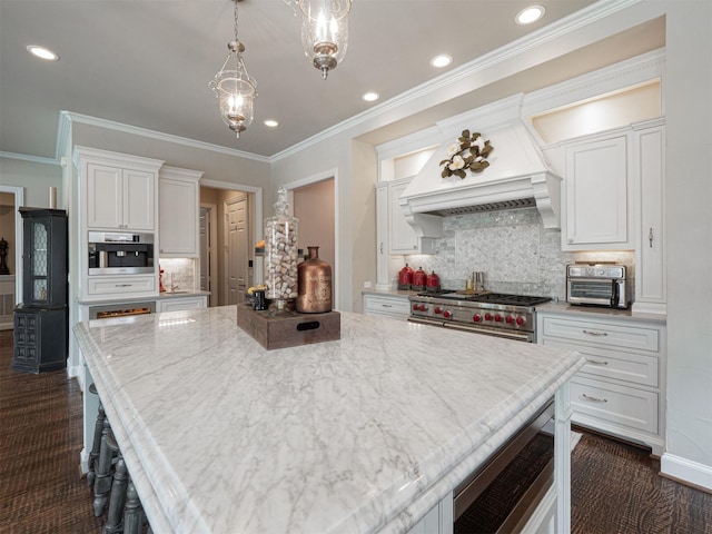 1501 Reata Dr, Carrollton, TX 75010 - kitchen with white cabinetry, a kitchen island, backsplash, crown molding, and recessed lighting