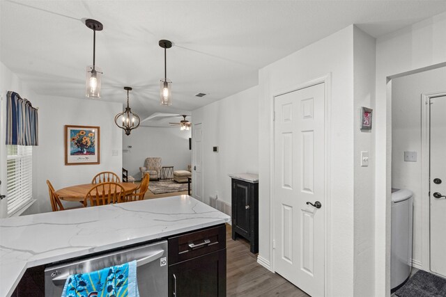 9013 Topperwind Ct, Fort Worth, TX 76134 - kitchen featuring stainless steel dishwasher, ceiling fan, light wood-type flooring, decorative light fixtures, and light stone counters