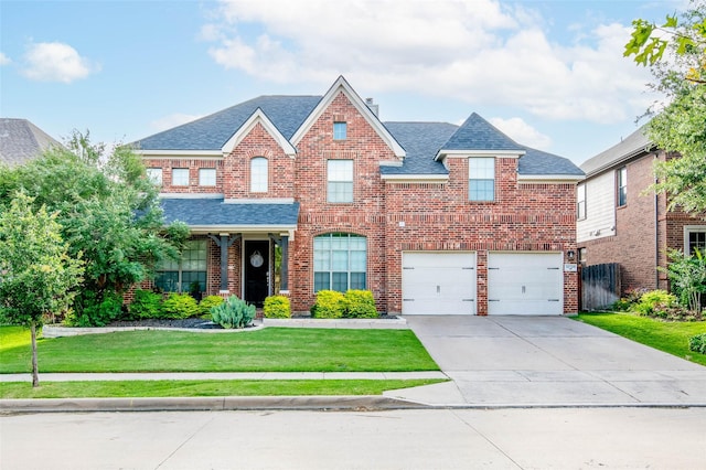 12720 Outlook Ave, Fort Worth, TX 76244 - view of front of property featuring a shingled roof, driveway, brick siding, a garage, and a front yard