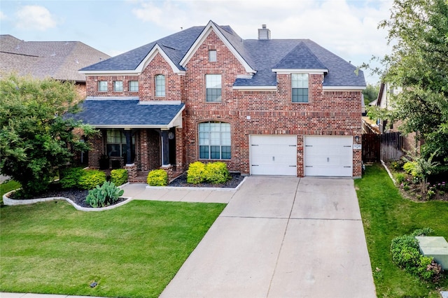 12720 Outlook Ave, Fort Worth, TX 76244 - view of front of house with roof with shingles, brick siding, driveway, a garage, and a chimney