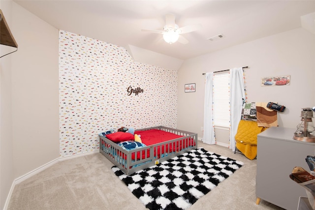 12720 Outlook Ave, Fort Worth, TX 76244 - bedroom with carpet floors, vaulted ceiling, and ceiling fan