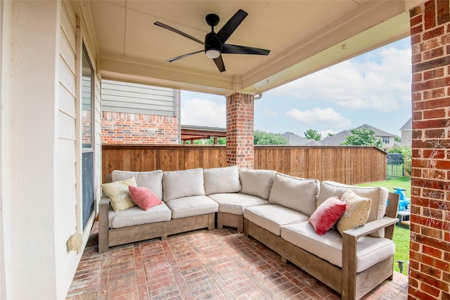 12720 Outlook Ave, Fort Worth, TX 76244 - fenced backyard featuring an outdoor hangout area and a ceiling fan
